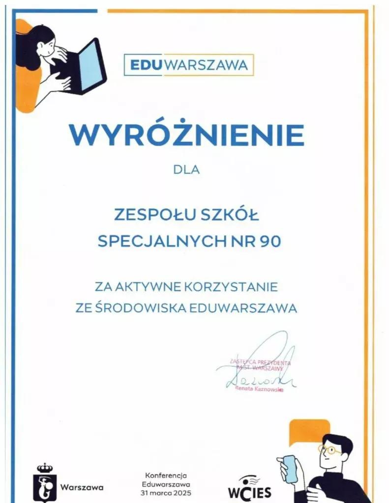 ZSS nr 90 - Wyróżnienie za aktywne korzystanie ze środowiska EduWarszawa
